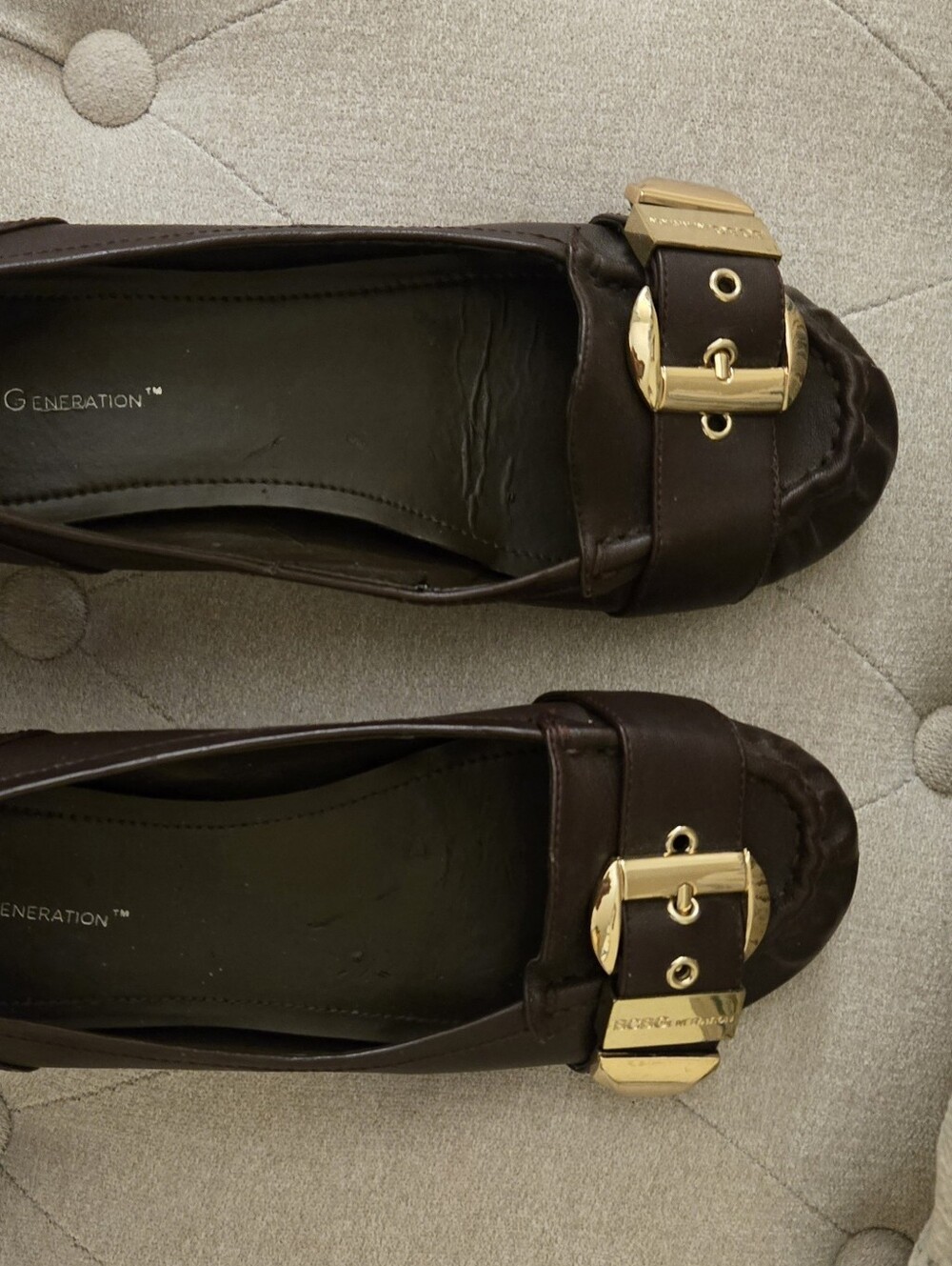 GENERATION Y Women's Dark CranberryBrown Leather Loafers with Gold Buckle Accent